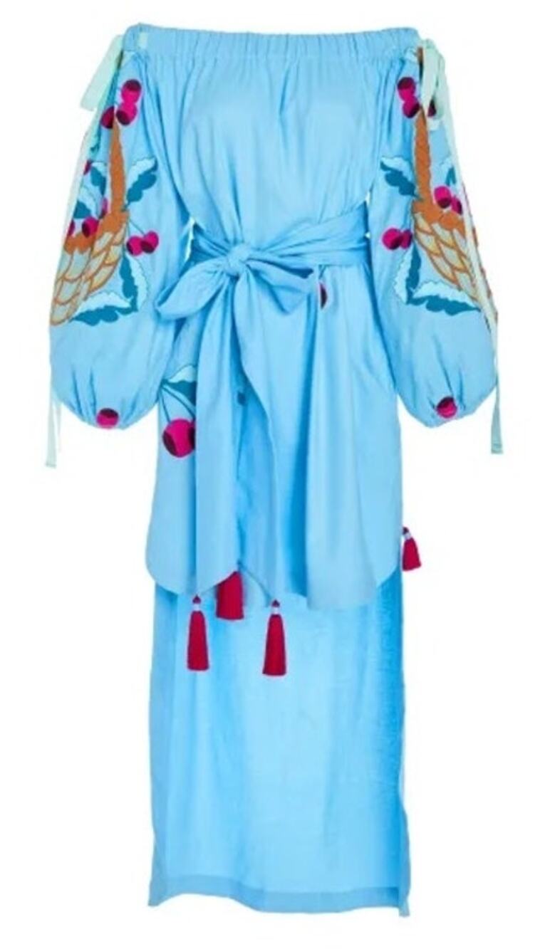 Yuliya Magdych Linen Caftan Dress Embroidered Fruit Print Womens Large Blue Boho